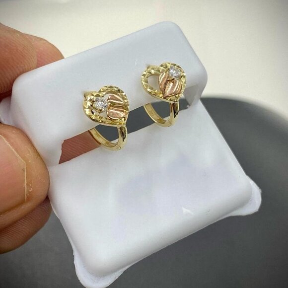 Heart CZ Two Tone Huggies Hoop Earrings for Womens Girls 14K Yellow Gold 11x11mm